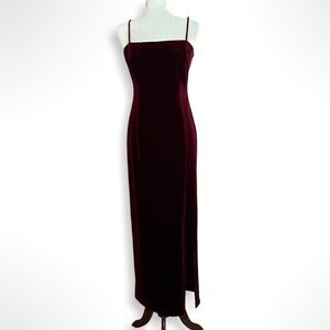 VTG 90s Long Velvet Strappy Slip Dress w Slit, Burgundy Red, 6, Y2K Whimsigoth